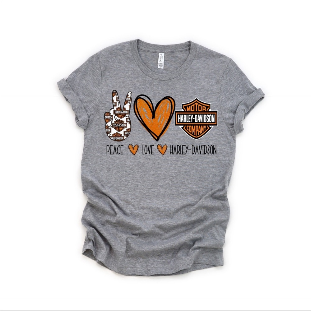 Peace, Love, Harleys T shirt. Available in Sm-3x.